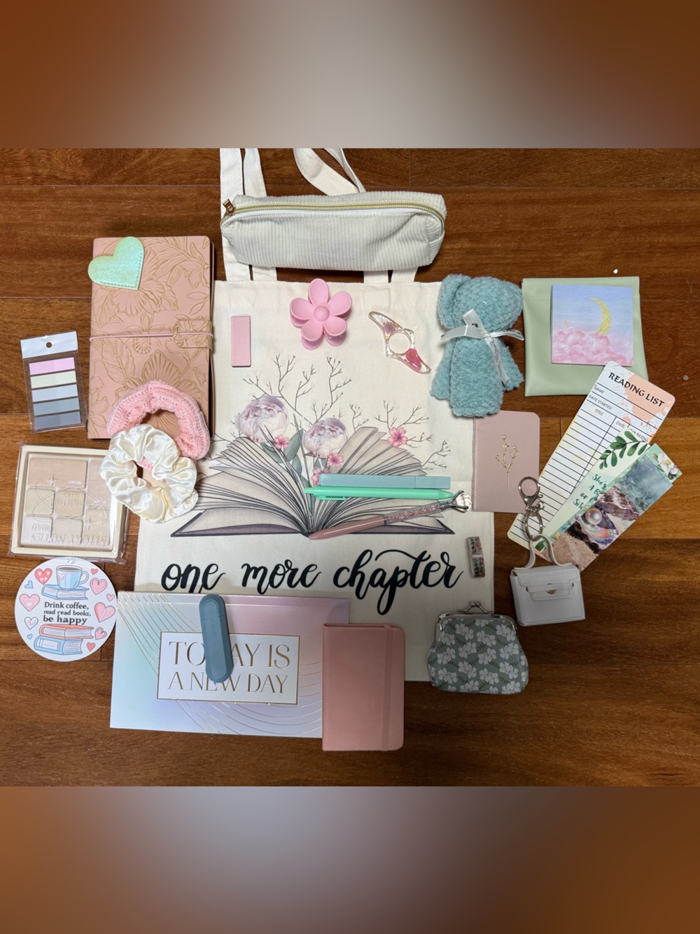Bookish Bundle - Floral Open Book Canvas Tote with Cream and Pink Accessories